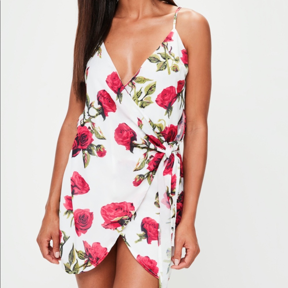 White Red Rose Print Strappy Tie Side Shift Dress